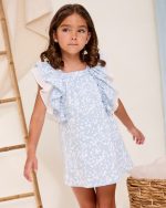 Vestido de niña azul de flores con volante en mangas