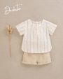Conjunto  camisa de rayas con short mostaza - 6 meses, 7 Bancas